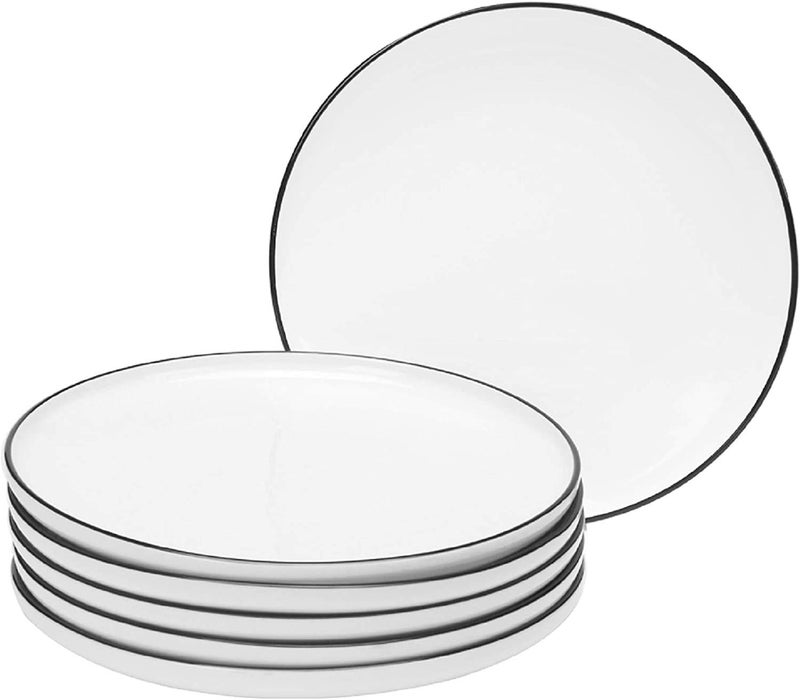 BonNoces 8 Inch Porcelain Lunch Plates, White with Black Edges Dessert Plate, Classic Round Serving Plate for Steak, Pasta and Salad, Set of 6 - Image 1
